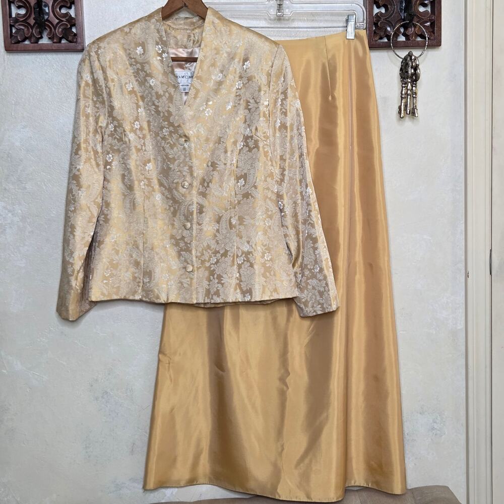 VTG Jessica McClintock 2pc Formal Gold Floral Brocade Blazer Jacket Skirt Set*10